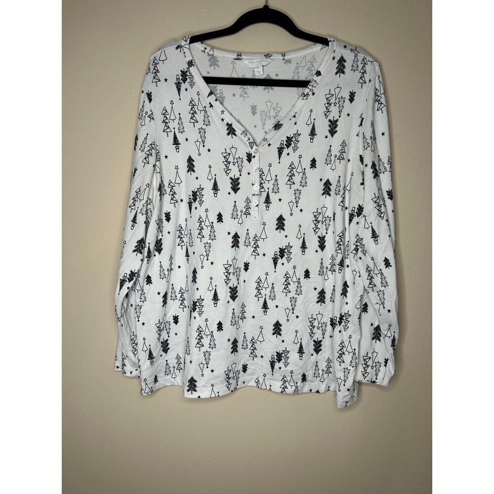 Wo’s 2X Charter Club Intimates Black White Long Sleeve Christmas Tree Pajama Top